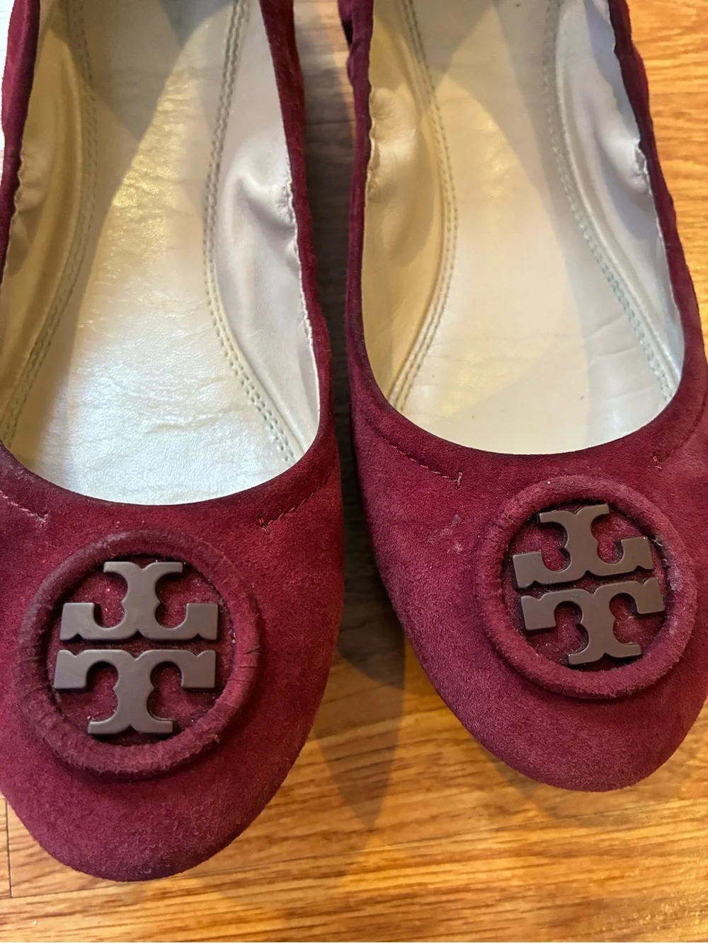 Tory Burch Wine Suede Logo Ballet Flats